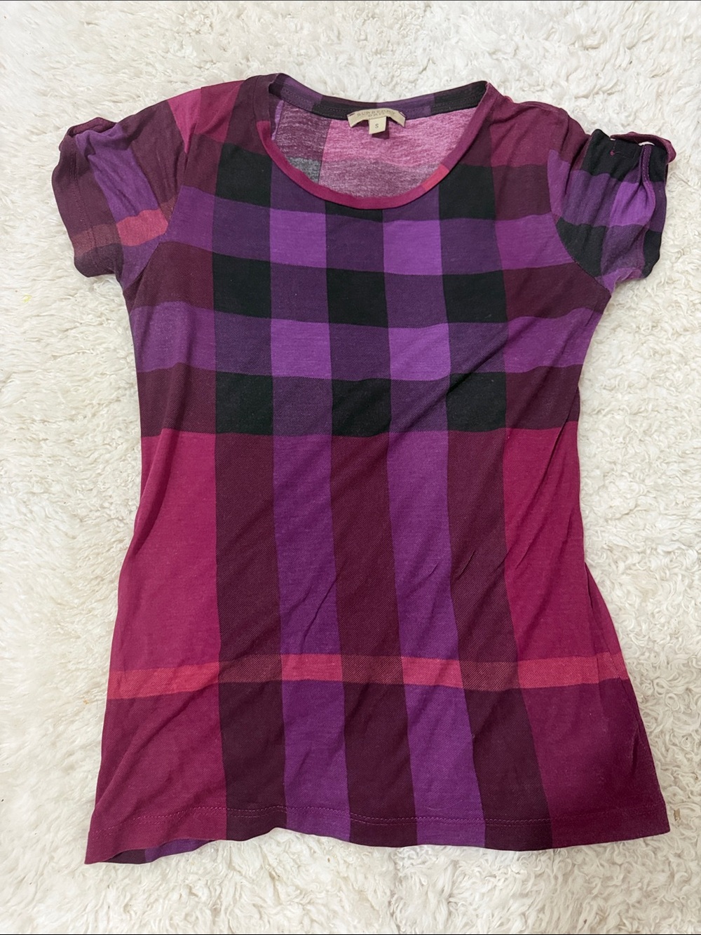 Burberry Women's Purple Plaid Short Sleeve Top S